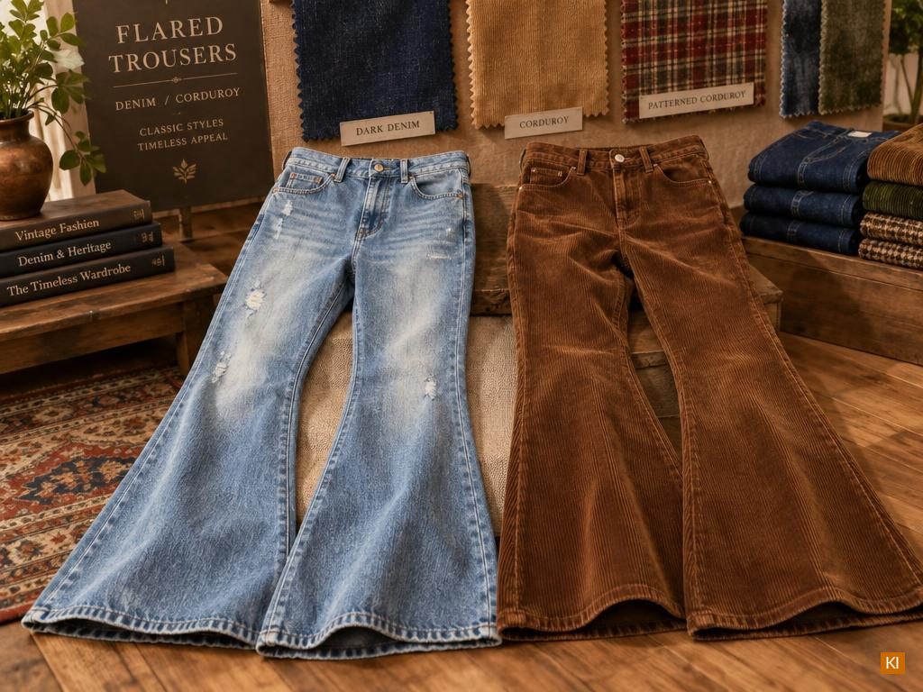 Denim Schlaghose und Cord Schlaghose aus verschiedenen Stoffen Denim Schlaghose und Cord Schlaghose aus verschiedenen Stoffen
