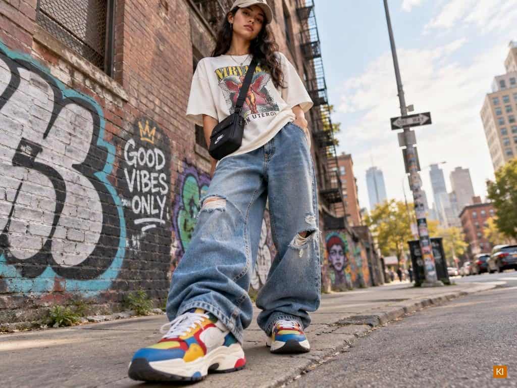 Chunky Sneaker kombiniert mit Streetstyle Jeans Chunky Sneaker kombiniert mit Streetstyle Jeans