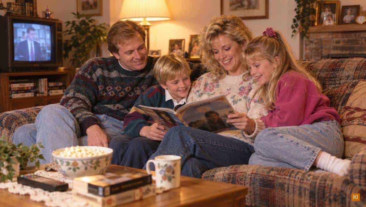 Familie schaut gemeinsam in eine Fernsehzeitschrift der 90er Jahre Familie schaut gemeinsam in eine Fernsehzeitschrift der 90er Jahre