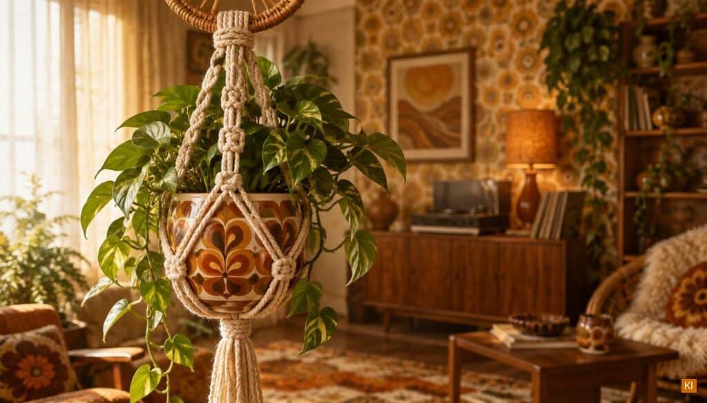 Makramee Blumenampel im 70er-Jahre-Stil mit Keramiktopf und Rattan Deko Makramee Blumenampel im 70er-Jahre-Stil mit Keramiktopf und Rattan Deko