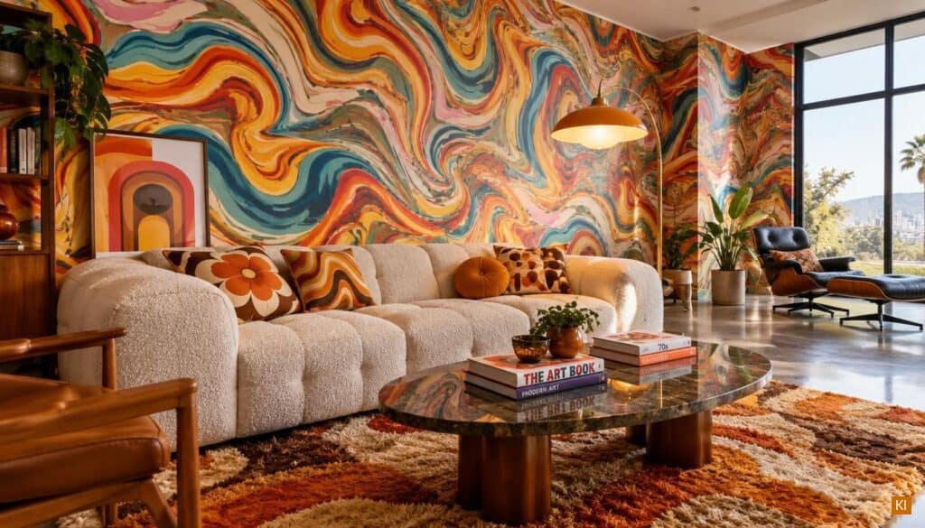Marmortapete mit psychedelischen Mustern im Wohnzimmer Marmortapete mit psychedelischen Mustern im Wohnzimmer