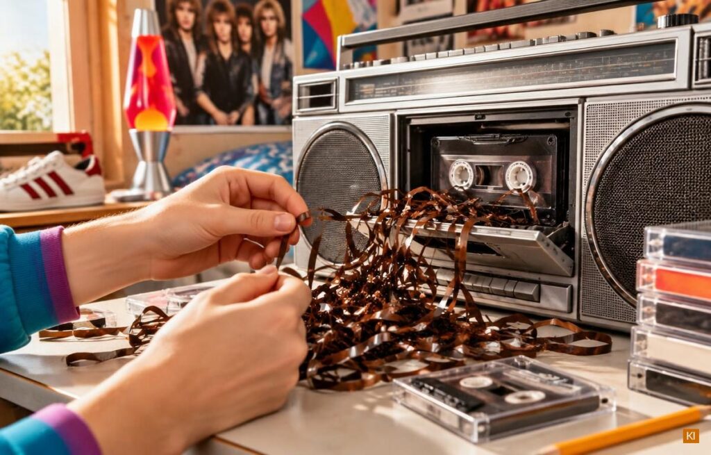 Bandsalat beim Kassettenrecorder in den 80er. Bandsalat beim Kassettenrecorder in den 80er